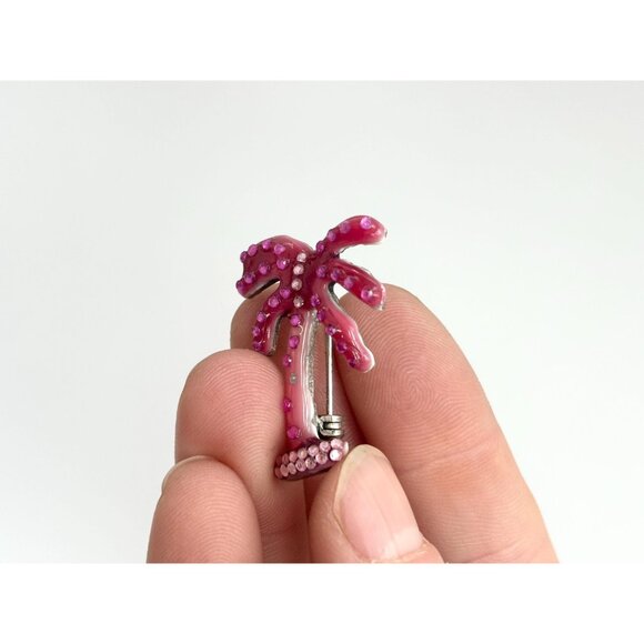 Fuchsia Pink Rhinestoned Palm Tree Figural Vintage Costume Jewelry Brooch - Picture 8 of 10